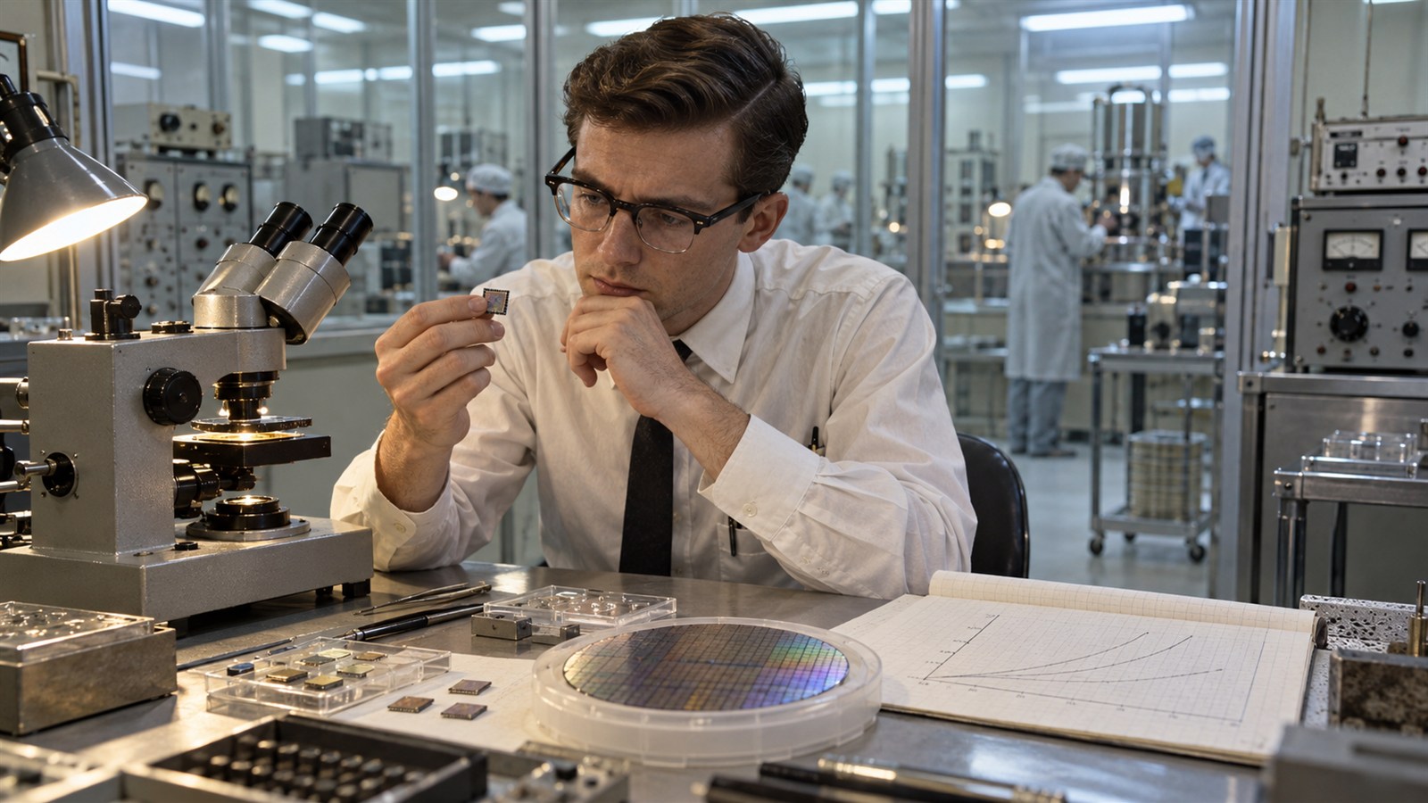 AI reconstruction of Gordon Moore analyzing integrated-circuit growth in a 1965 laboratory.