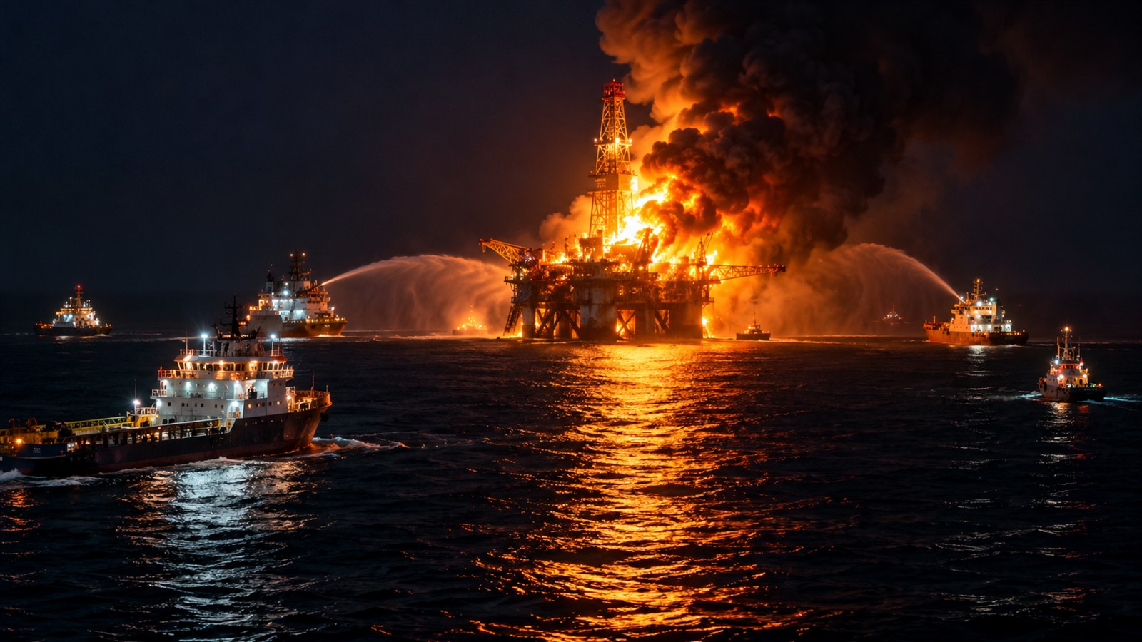 AI reconstruction of response vessels approaching the burning Deepwater Horizon rig in 2010.