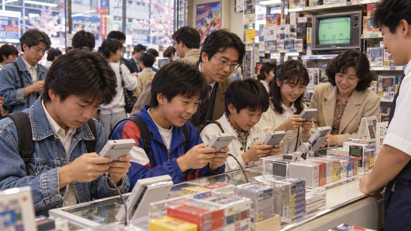 AI reconstruction of customers trying the newly launched Game Boy in Japan in 1989.