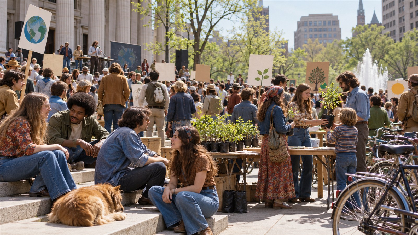AI reconstruction of a peaceful public teach-in during the first Earth Day in 1970.