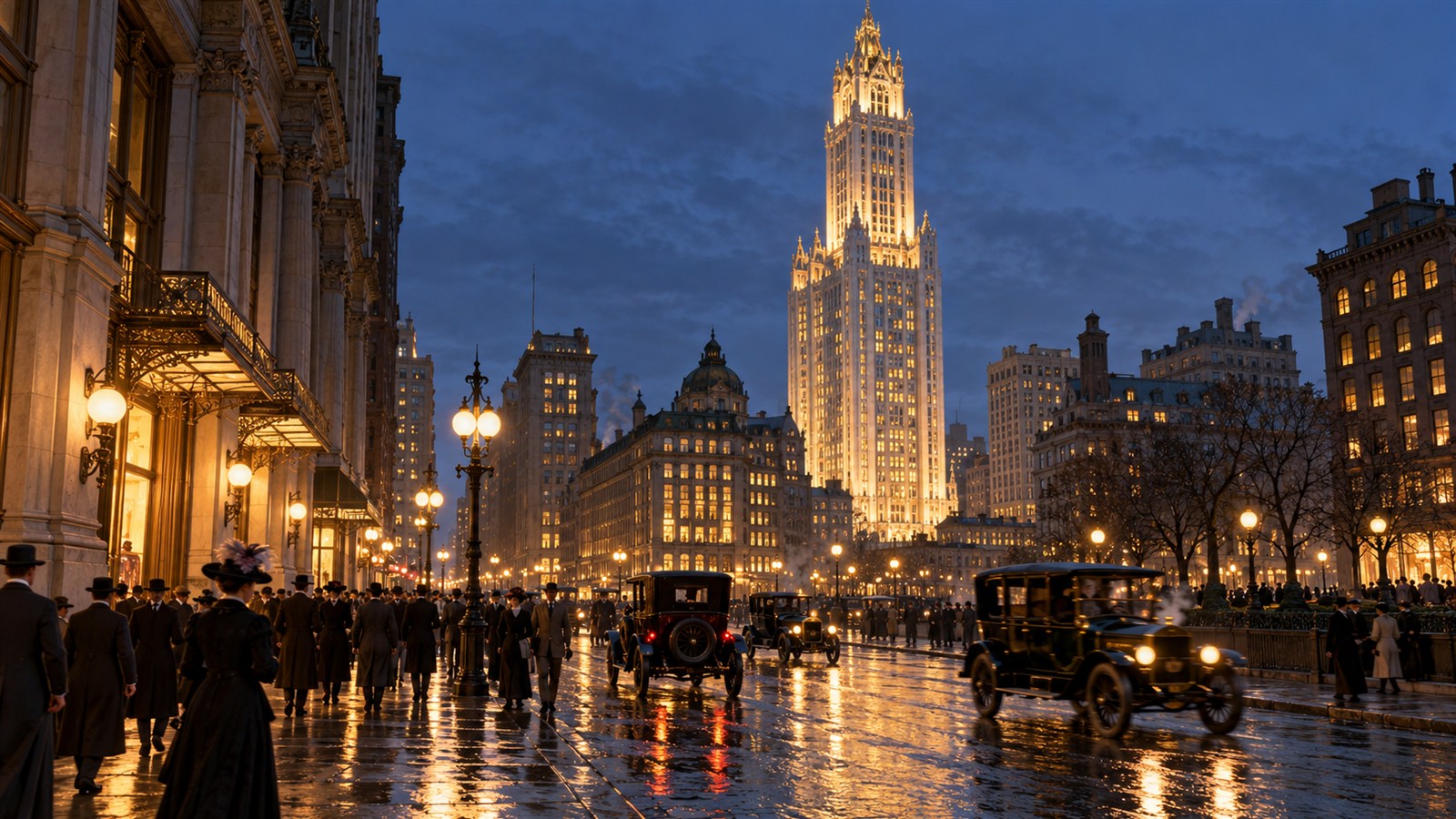 AI reconstruction of the Woolworth Building illuminated for its 1913 opening.