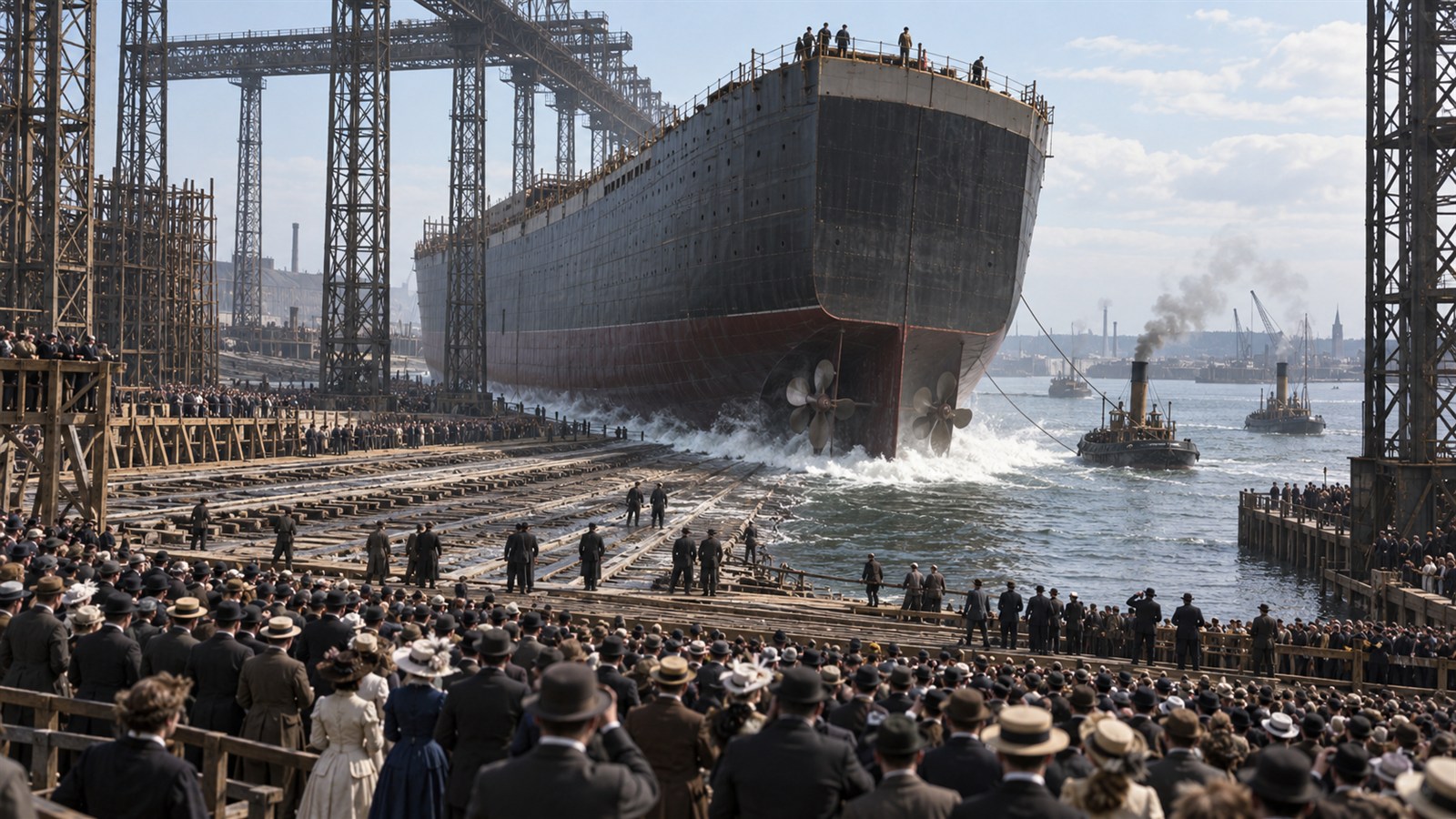 AI reconstruction of Titanic's hull being launched at the Belfast shipyard in 1911.