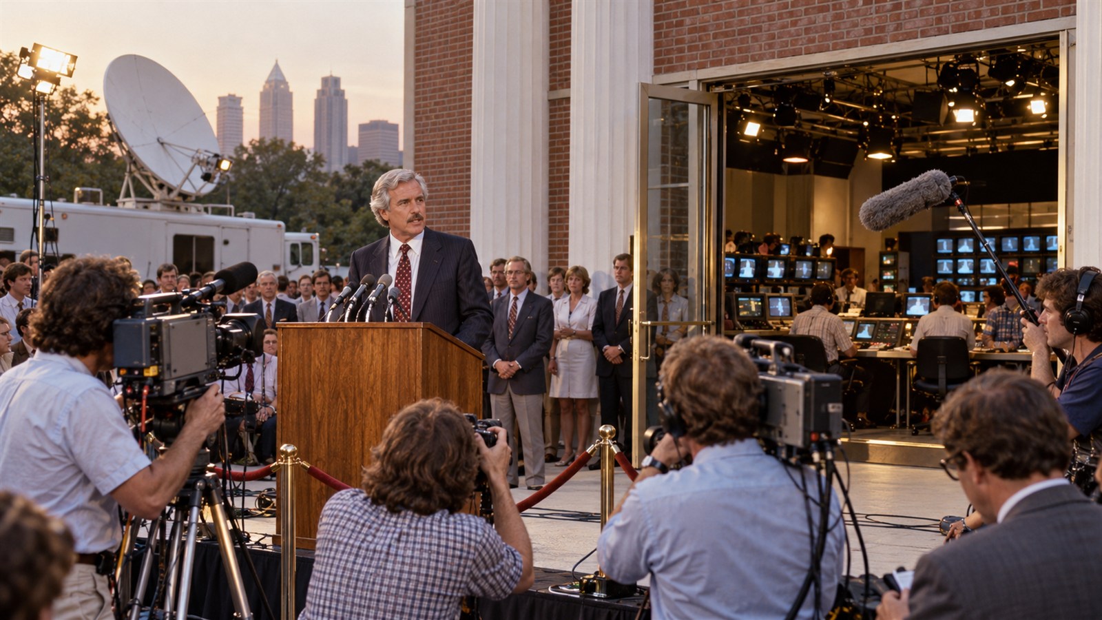 AI reconstruction of Ted Turner launching CNN in Atlanta in 1980.