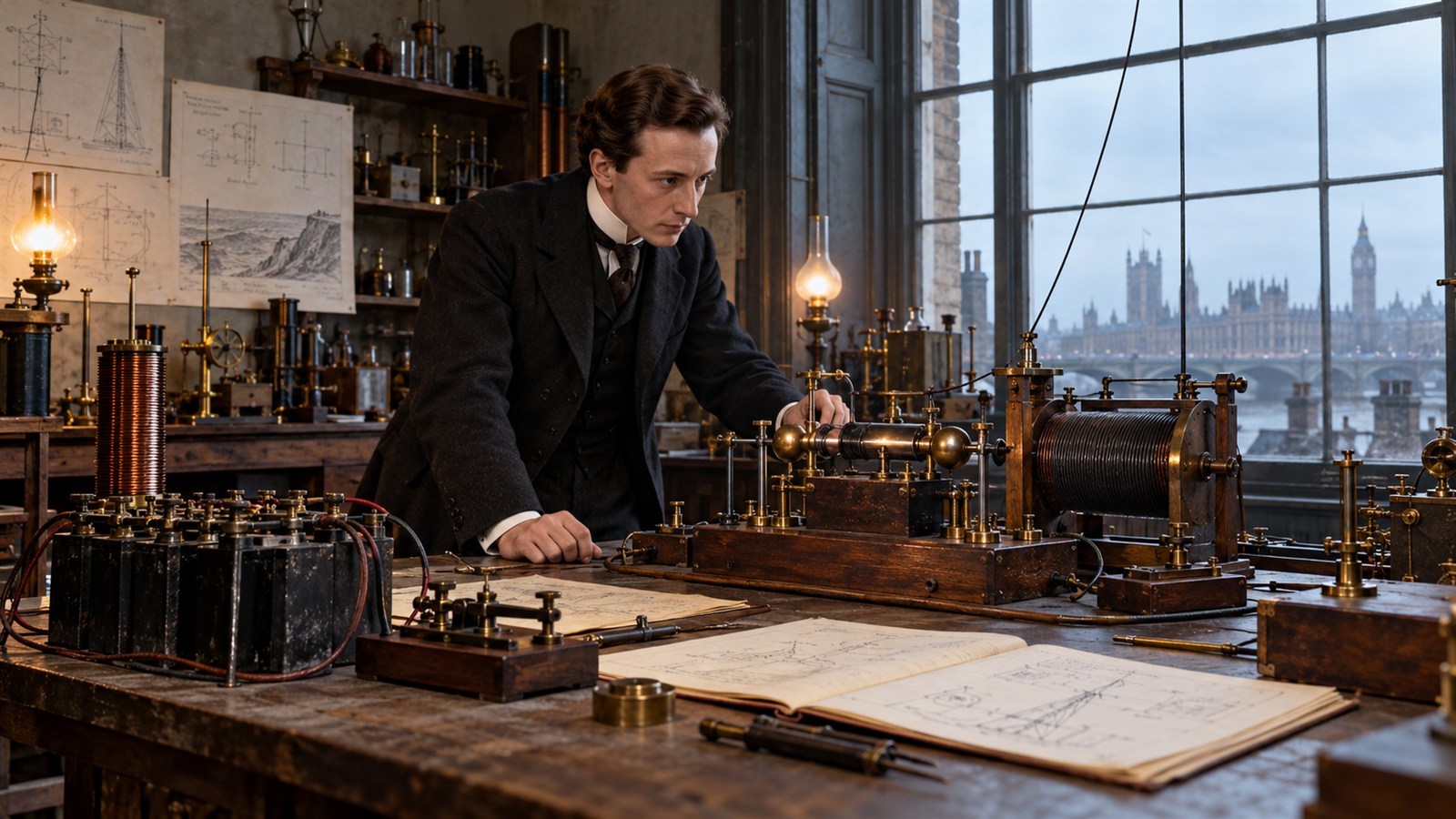 AI reconstruction of Guglielmo Marconi preparing his wireless patent in London in 1896.