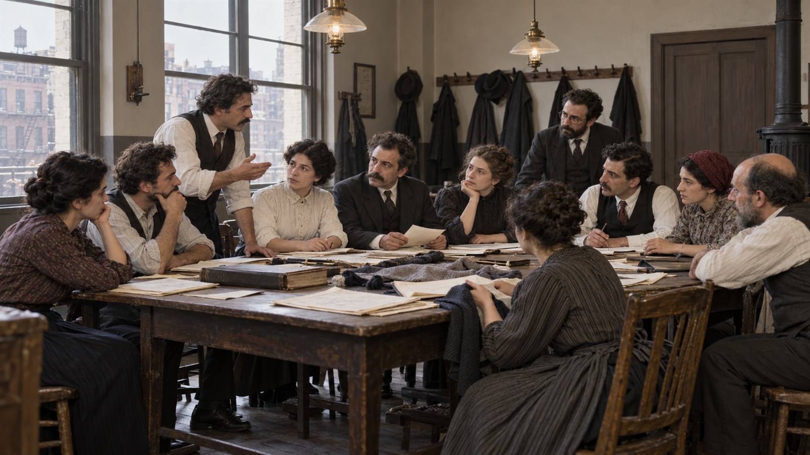 AI reconstruction of garment-worker delegates founding the ILGWU in New York in 1900.