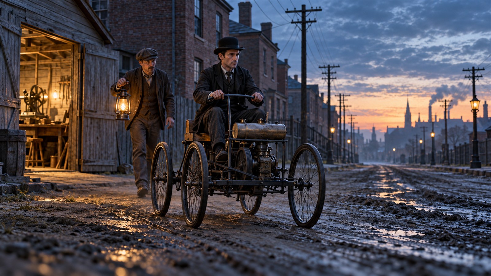 AI reconstruction of Henry Ford testing the Quadricycle in Detroit in 1896.