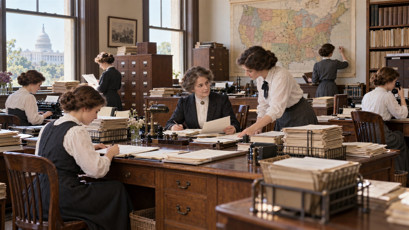 AI reconstruction of Mary Anderson and staff opening the U.S. Women's Bureau in 1920.