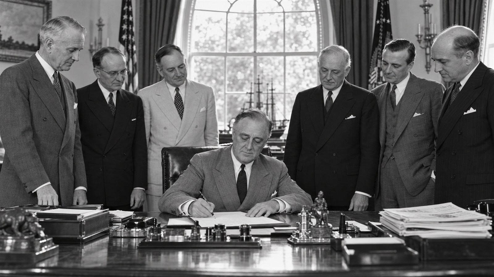 AI reconstruction of Franklin Roosevelt signing the Securities Exchange Act in 1934.