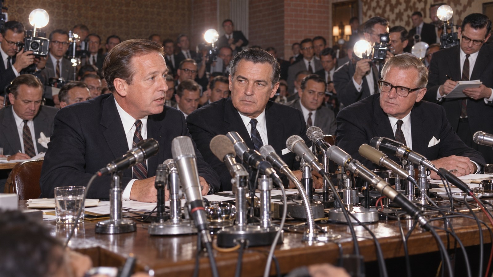 AI reconstruction of the AFL-NFL merger announcement press conference in 1966.
