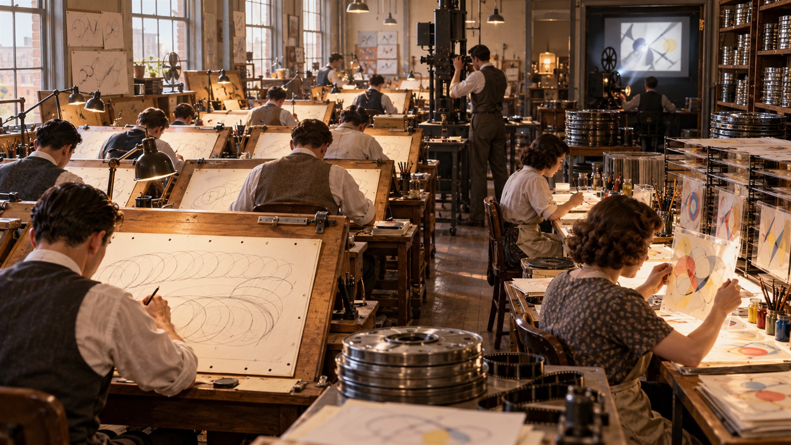 AI reconstruction of Disney artists preparing Donald Duck's debut cartoon in 1934.