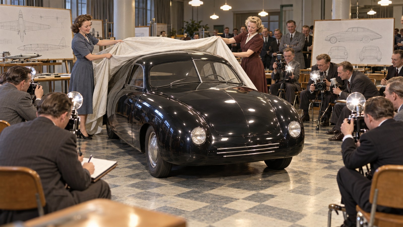 AI reconstruction of Saab unveiling its first automobile in Sweden in 1947.