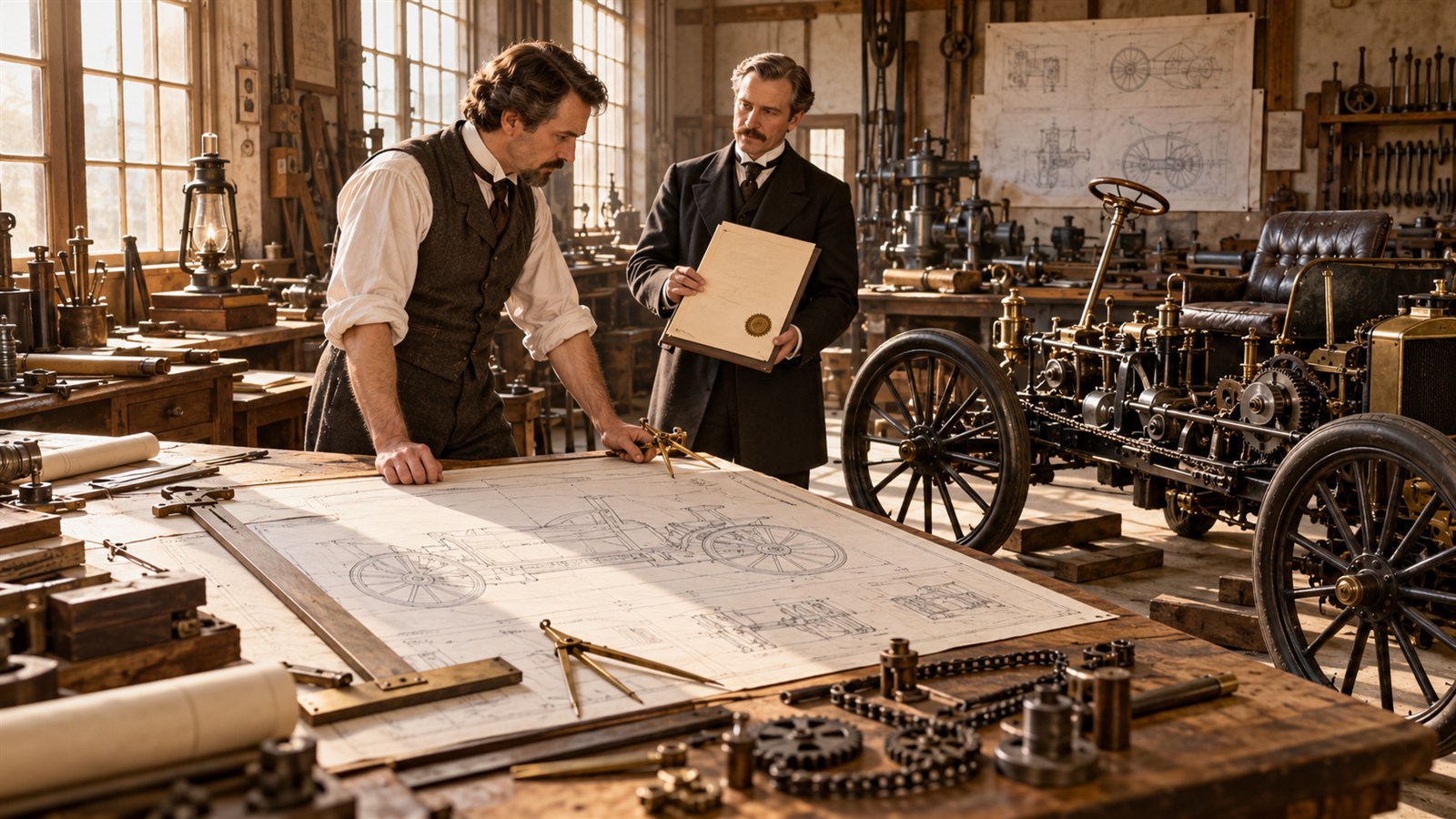 AI reconstruction of Charles Duryea reviewing his automobile patent in 1895.