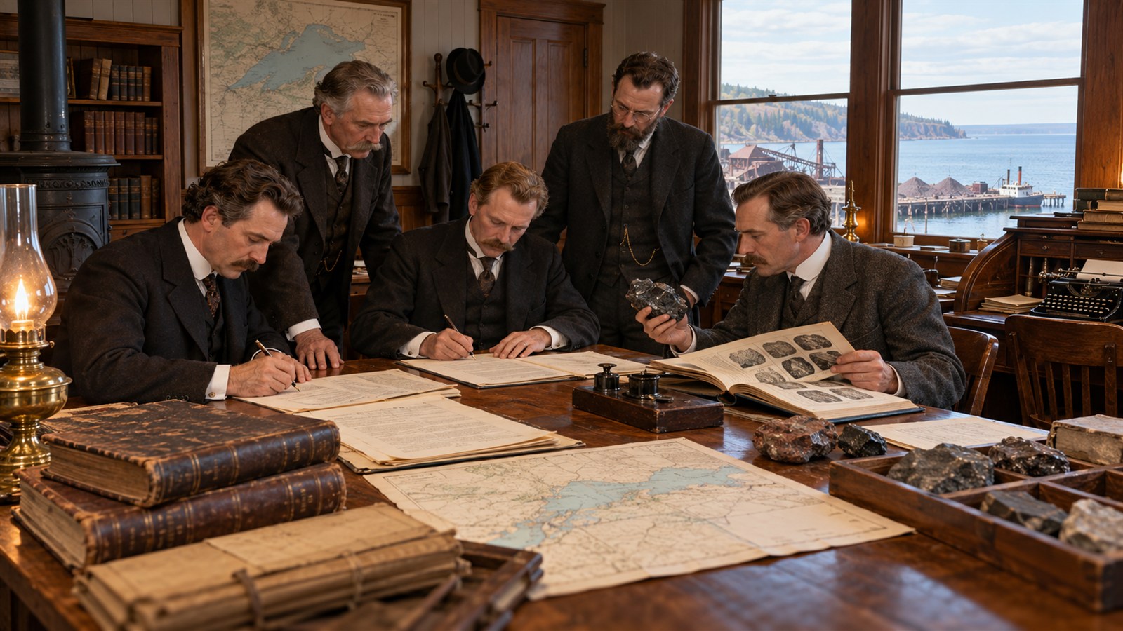 AI reconstruction of the five founders creating Minnesota Mining and Manufacturing in 1902.