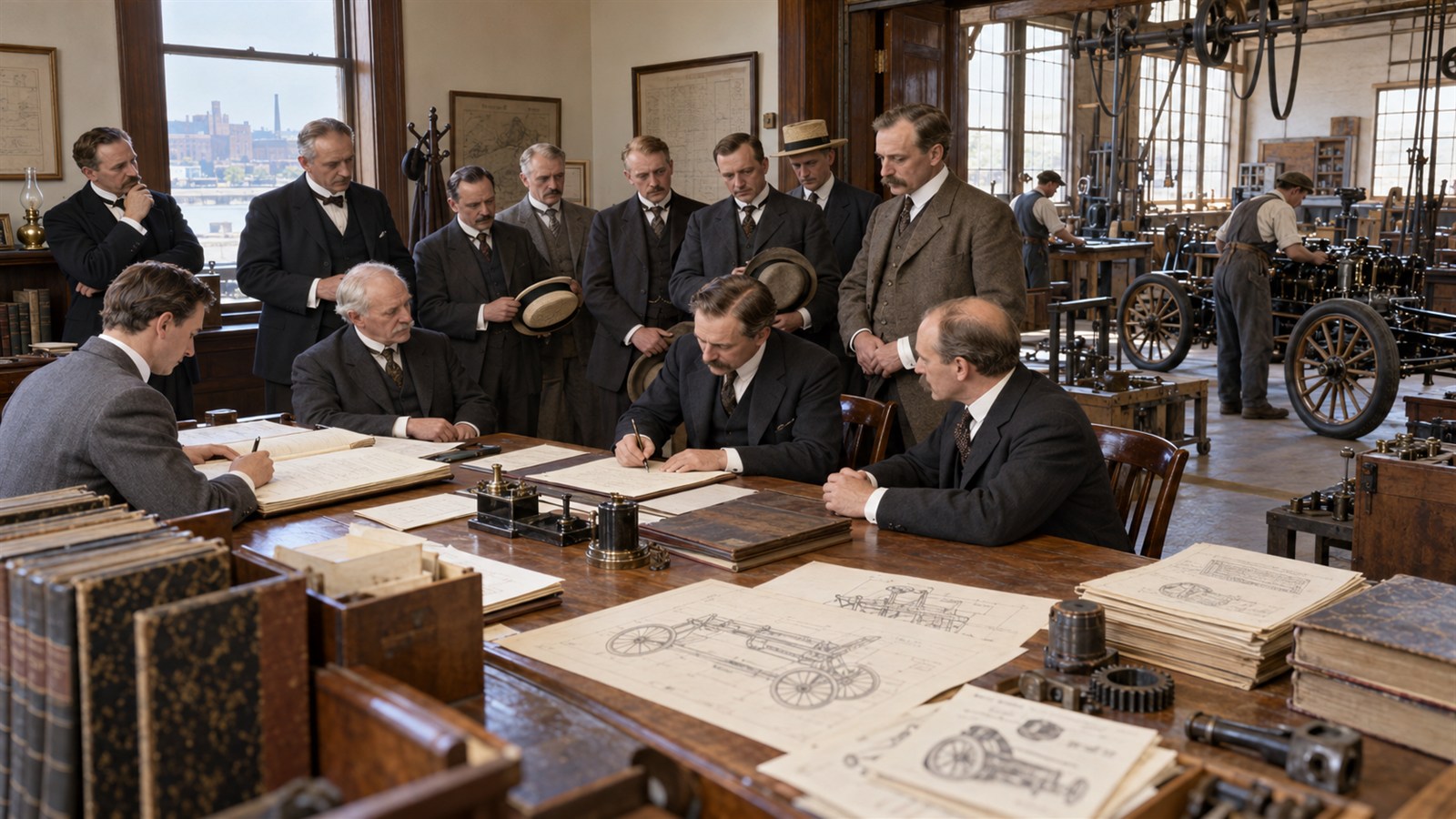 AI reconstruction of Henry Ford and partners incorporating Ford Motor Company in 1903.