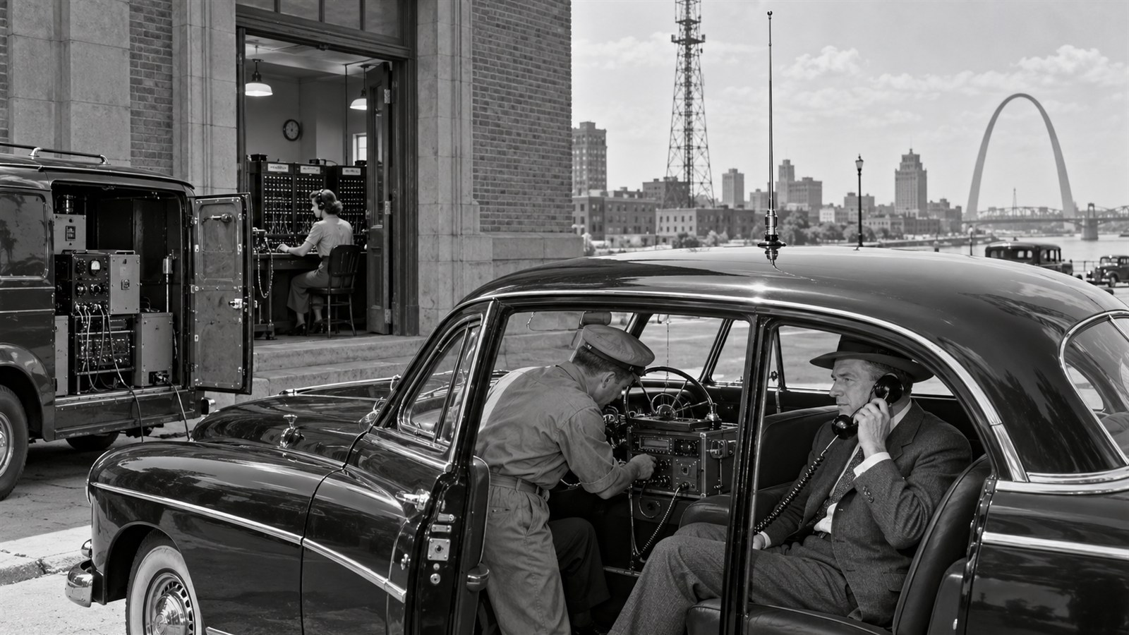 AI reconstruction of the first commercial mobile telephone service in St. Louis in 1946.