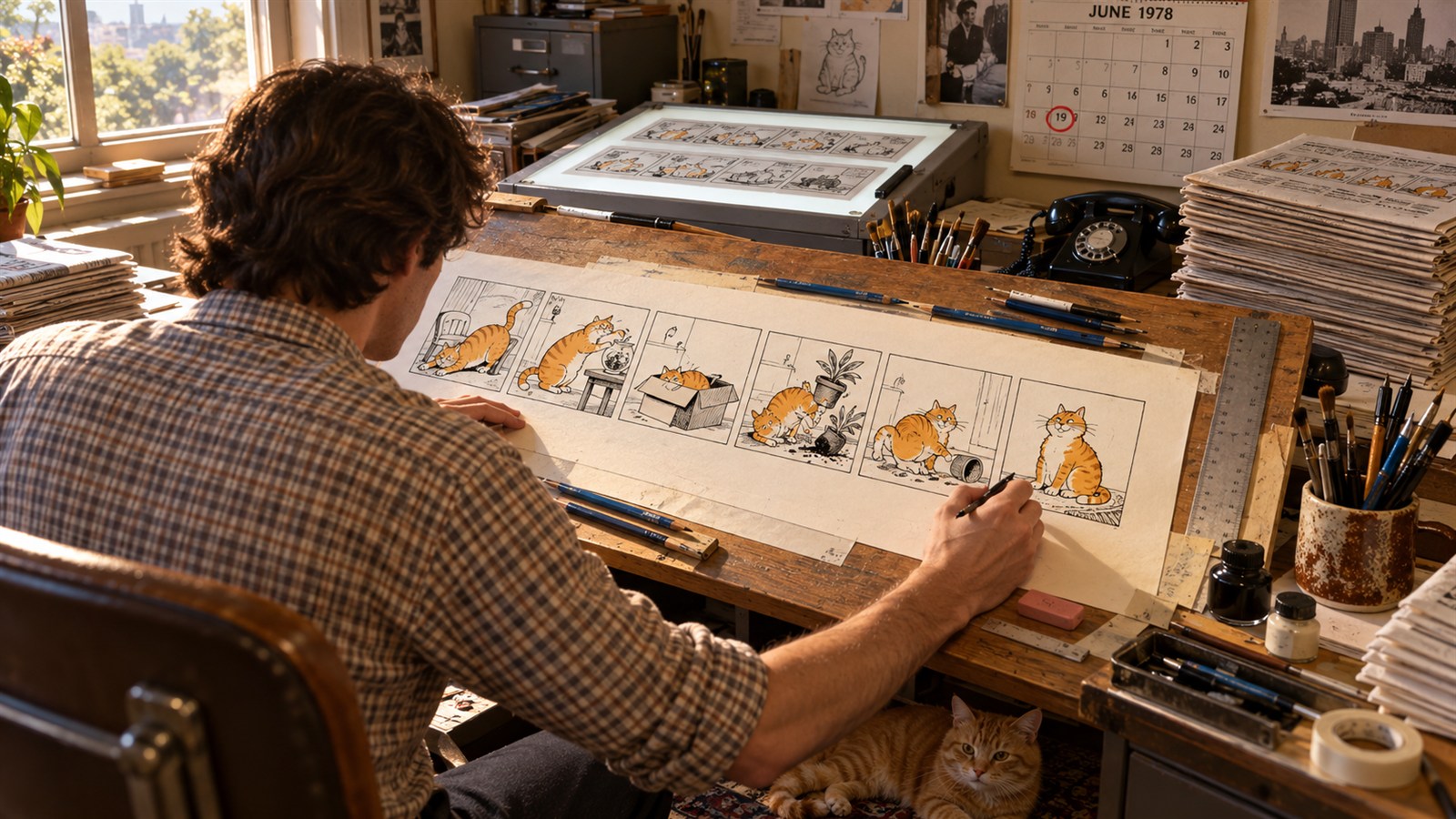 AI reconstruction of Jim Davis preparing Garfield's syndicated newspaper debut in 1978.