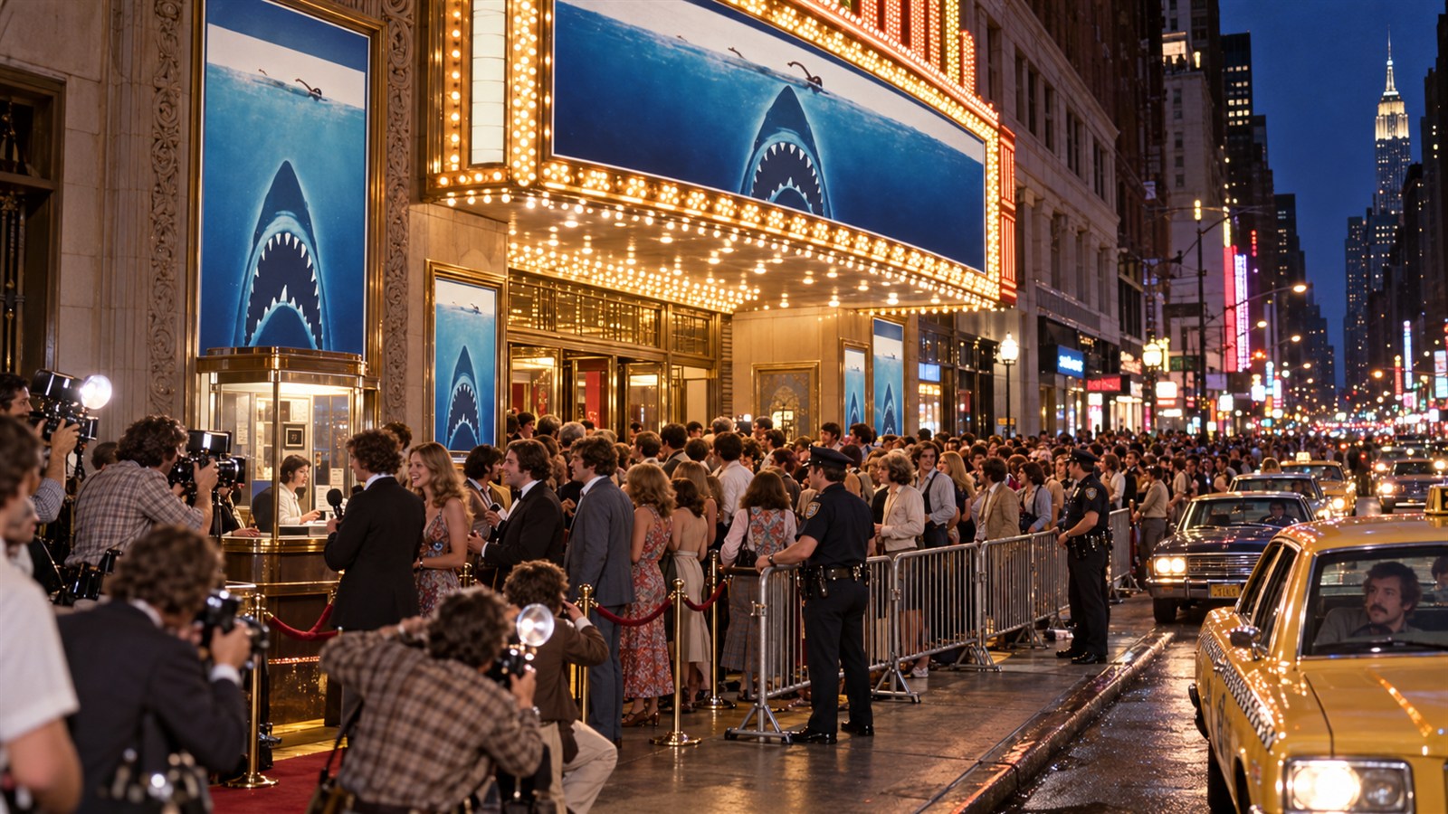 AI reconstruction of crowds attending the opening of Jaws in 1975.