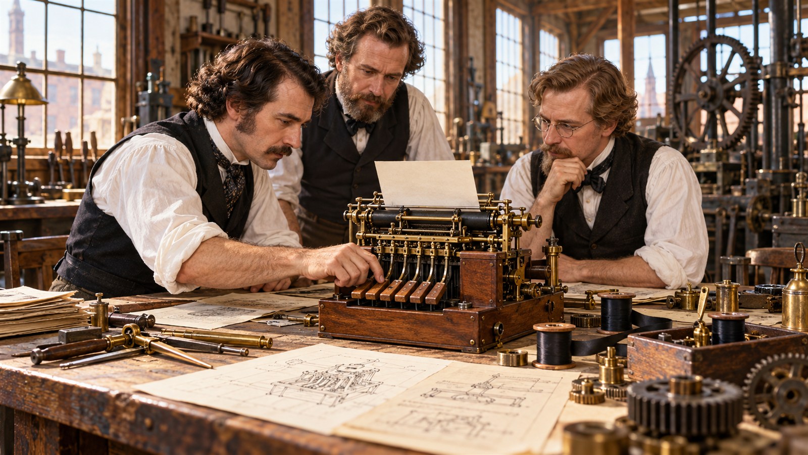 AI reconstruction of Sholes, Glidden, and Soule testing their typewriter patent model in 1868.