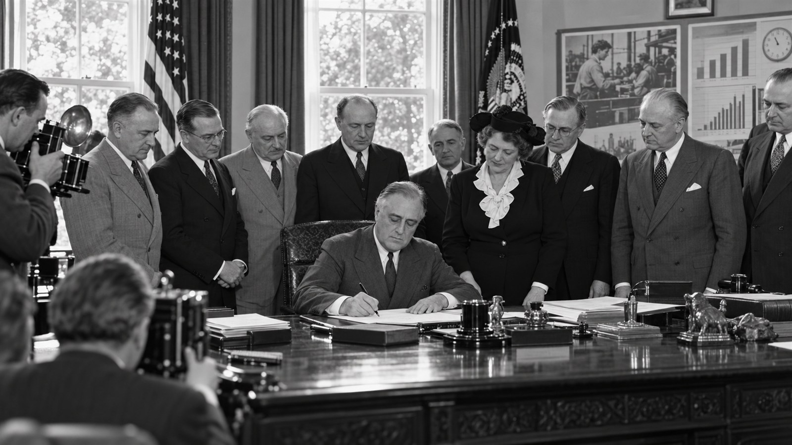 AI reconstruction of Franklin Roosevelt signing the Fair Labor Standards Act in 1938.