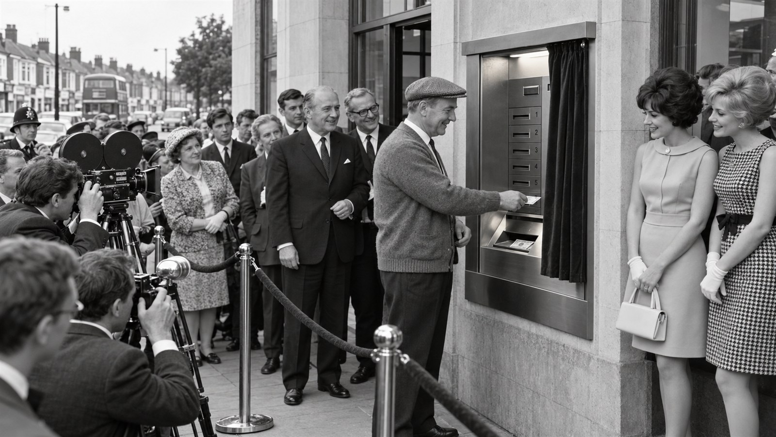 AI reconstruction of the first public cash-machine withdrawal in Enfield in 1967.