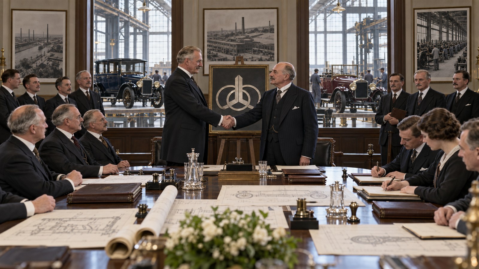 AI reconstruction of Daimler and Benz shareholders approving their merger in 1926.