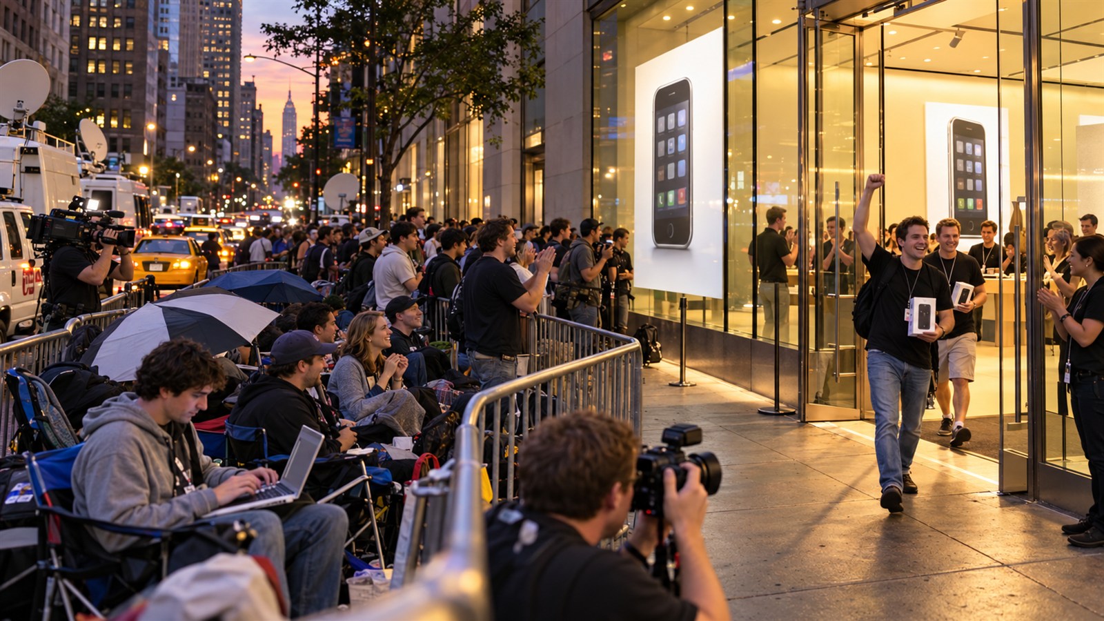AI reconstruction of customers lining up for the first iPhone launch in 2007.