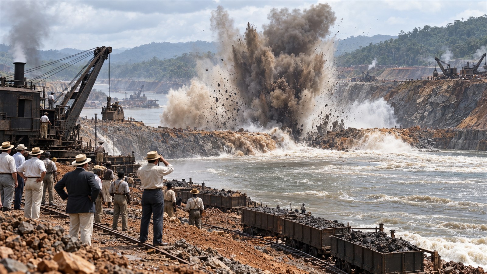 AI reconstruction of the Gamboa Dike blast joining sections of the Panama Canal in 1913.