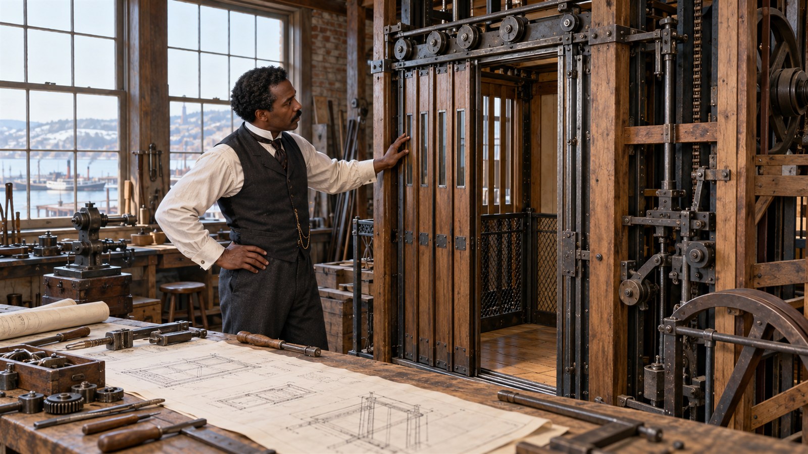 AI reconstruction of Alexander Miles developing an automatic elevator-door mechanism in 1887.