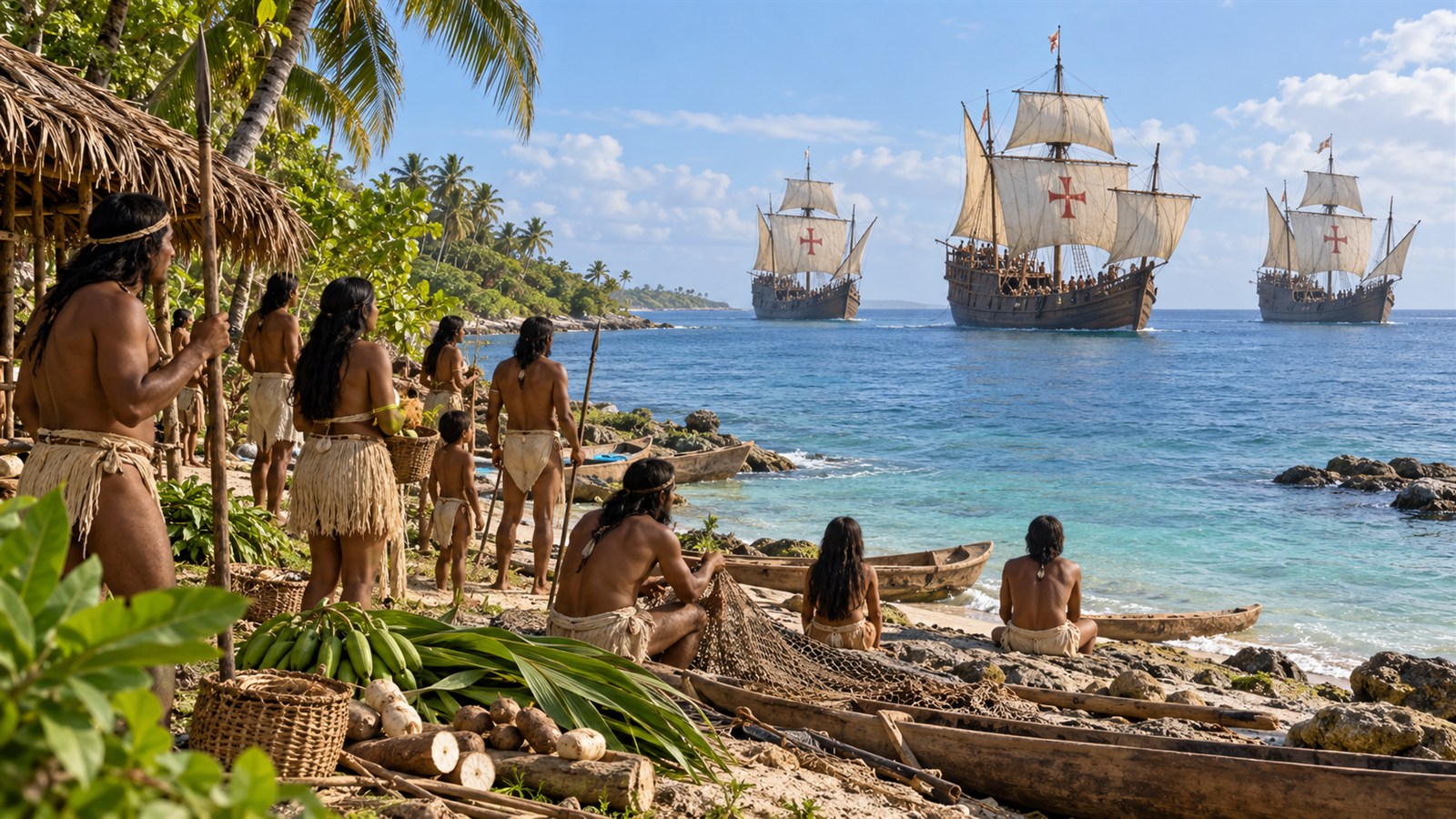 AI reconstruction of Taíno observers and Columbus's ships at a Bahamian shoreline in October 1492.