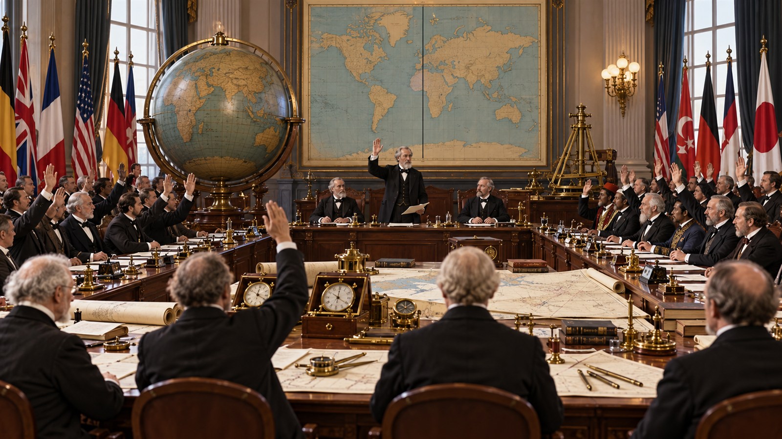 AI reconstruction of delegates selecting the Greenwich prime meridian at the 1884 conference.