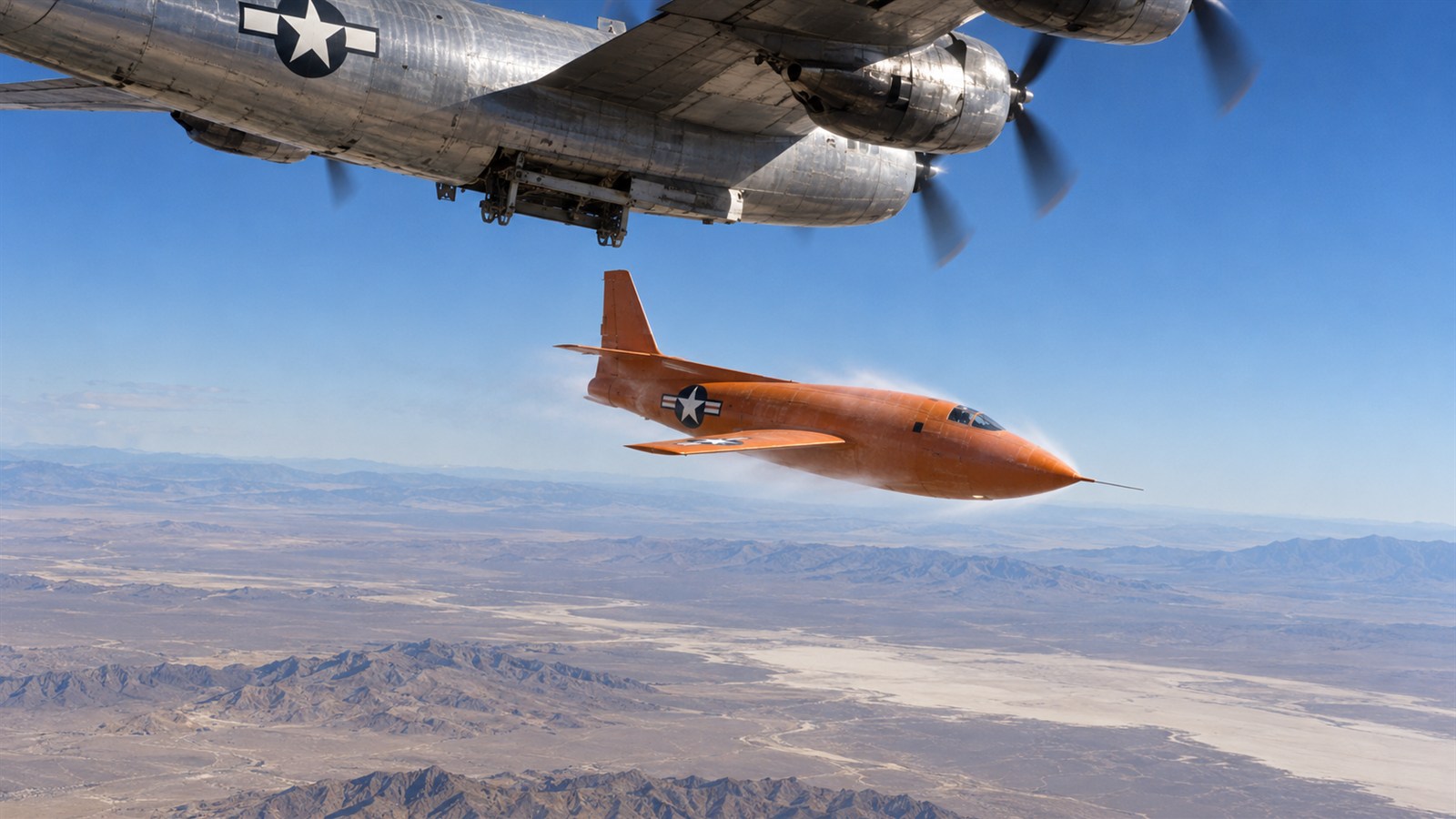 AI reconstruction of the Bell X-1 beginning its supersonic test flight in 1947.