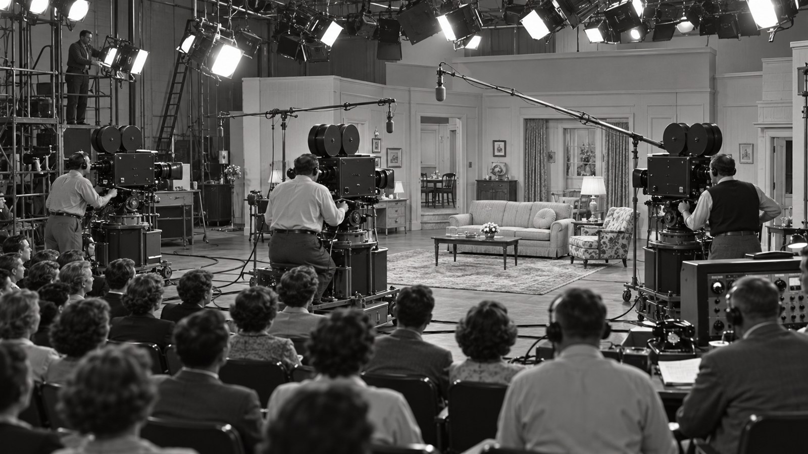 AI reconstruction of a three-camera television production on the I Love Lucy soundstage in 1951.