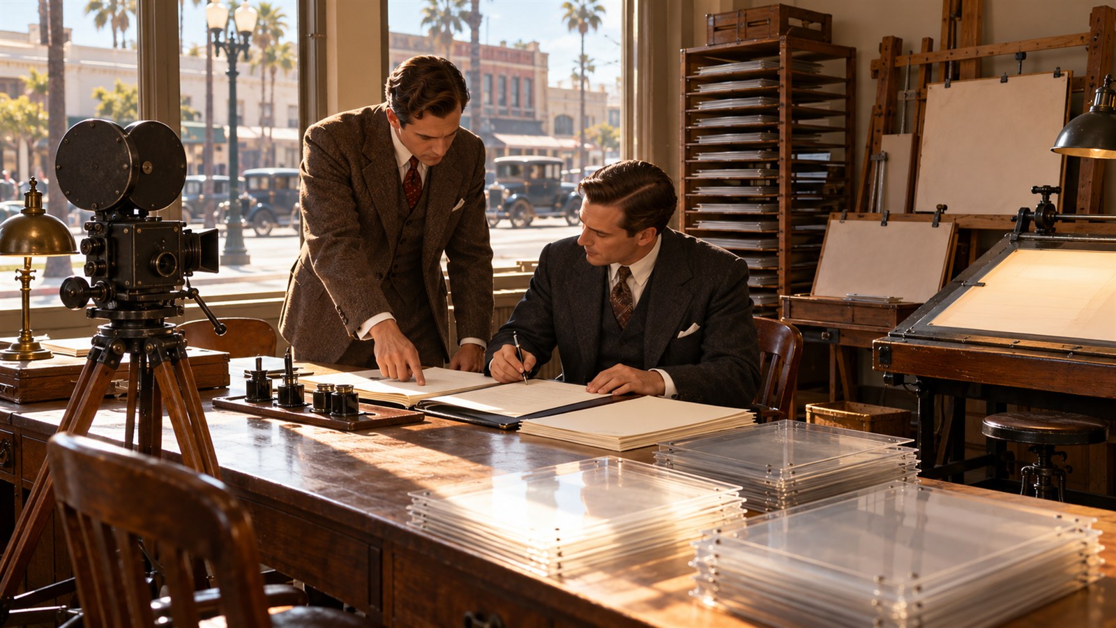 AI reconstruction of the Disney brothers organizing their Los Angeles cartoon studio in 1923.