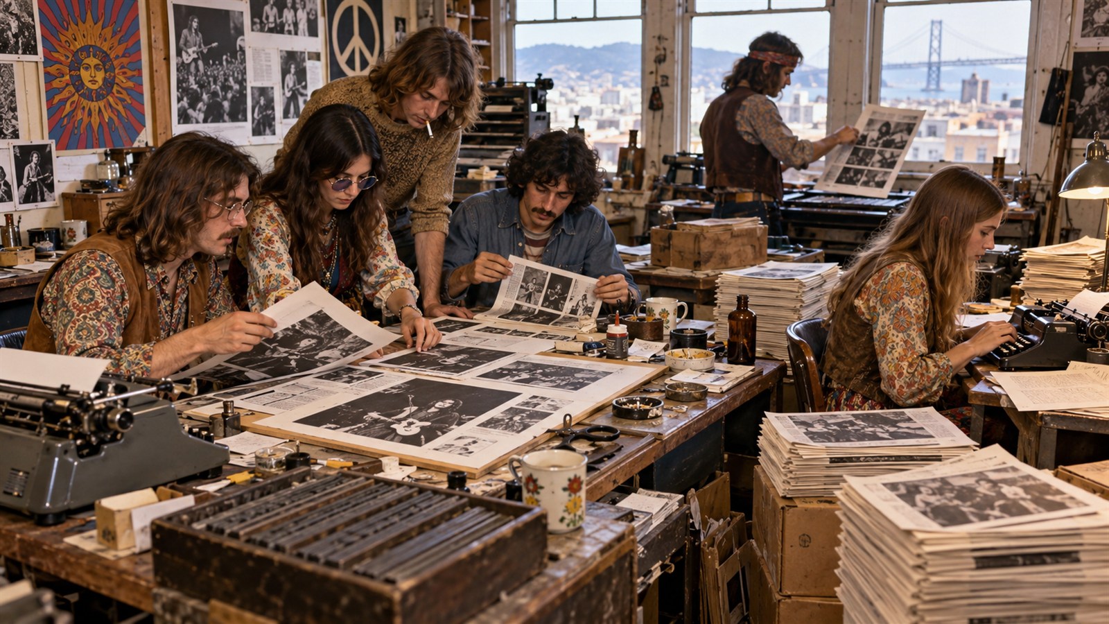 AI reconstruction of the small staff preparing Rolling Stone's first issue in 1967.