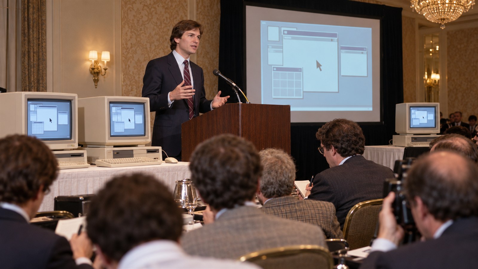 AI reconstruction of Microsoft announcing Windows at a 1983 computer-industry event.