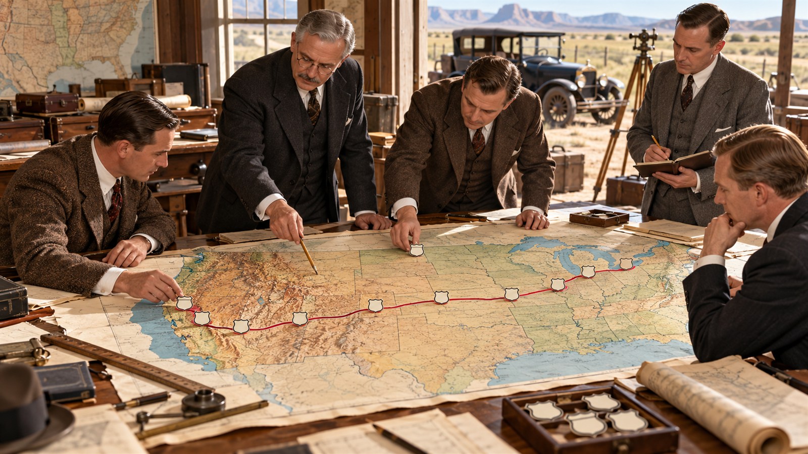 AI reconstruction of highway officials formalizing the Route 66 corridor in 1926.