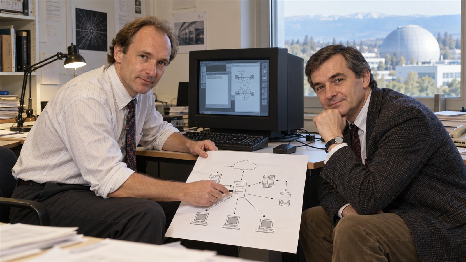 AI reconstruction of Berners-Lee and Cailliau presenting the 1990 WorldWideWeb proposal at CERN.