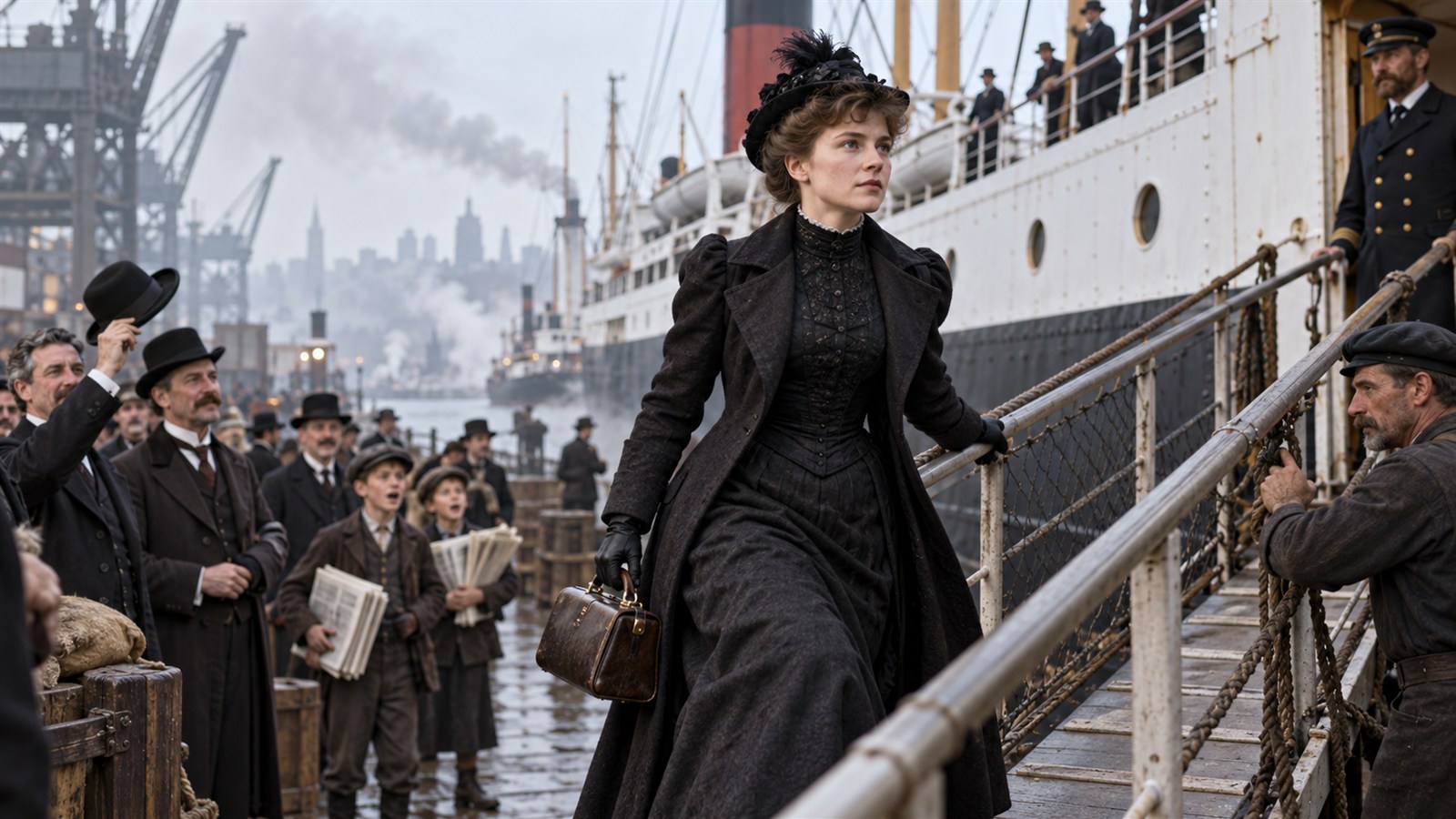 AI reconstruction of Nellie Bly boarding the Augusta Victoria to begin her 1889 world journey.