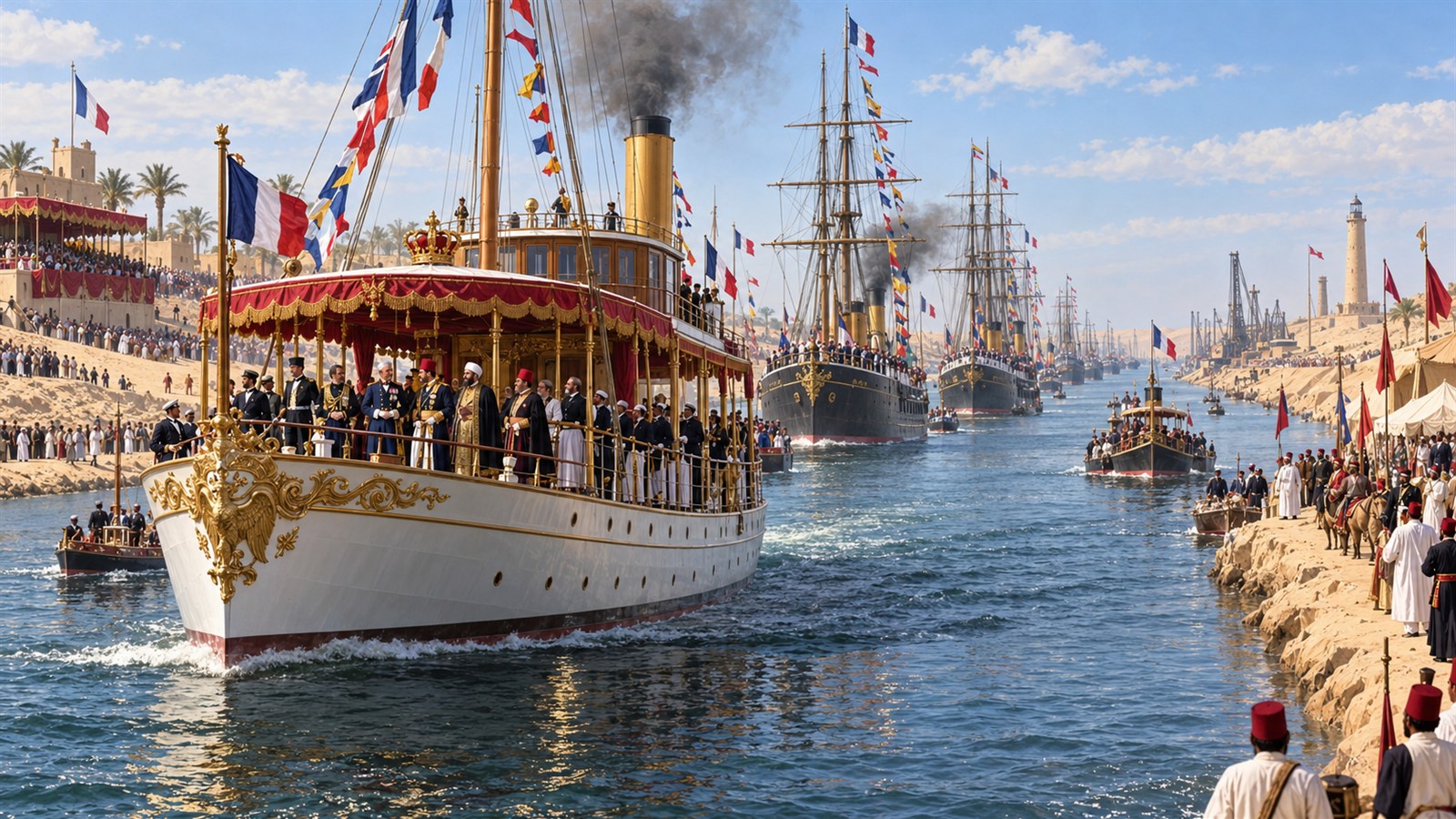 AI reconstruction of the ceremonial fleet entering the Suez Canal at its 1869 opening.