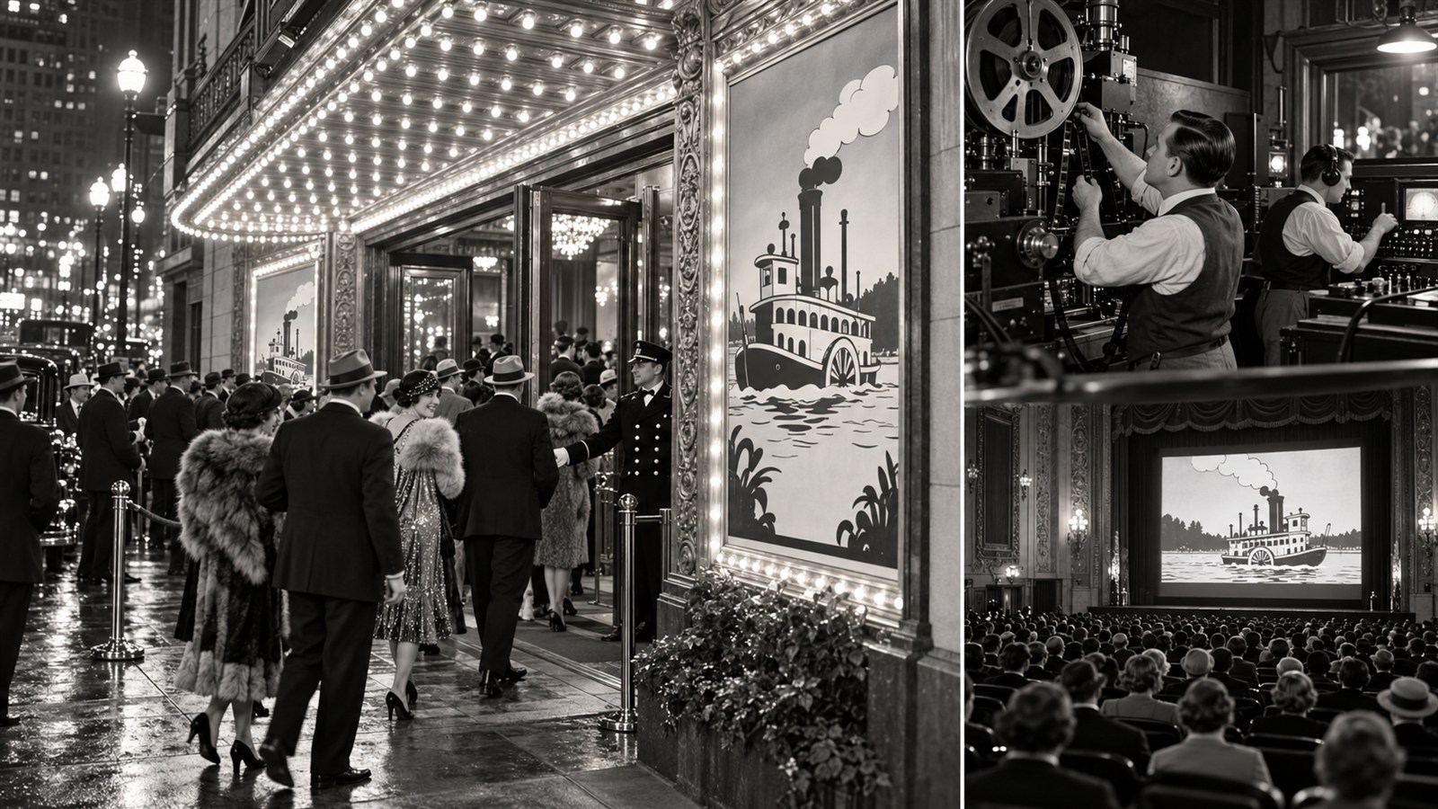 AI reconstruction of a New York theater presenting Steamboat Willie in 1928.