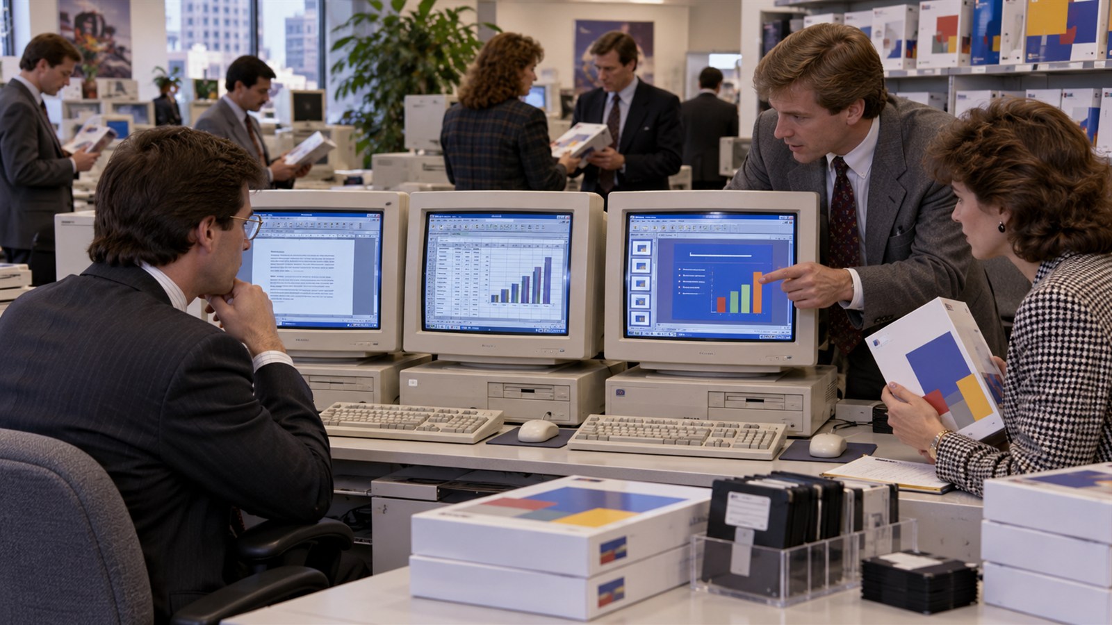 AI reconstruction of business customers seeing the first Office for Windows bundle in 1990.