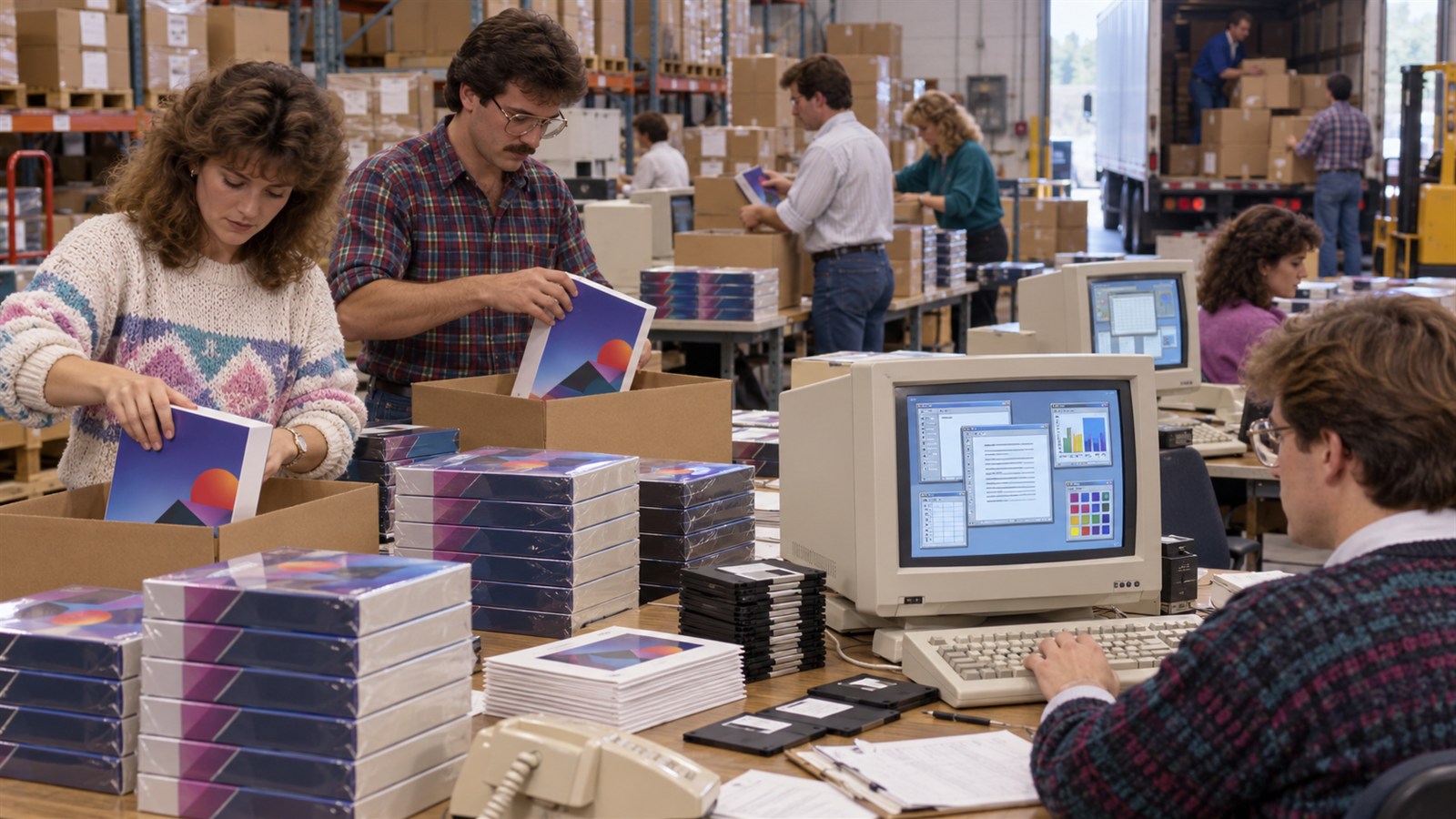 AI reconstruction of Windows 1.0 being prepared for retail shipment in 1985.