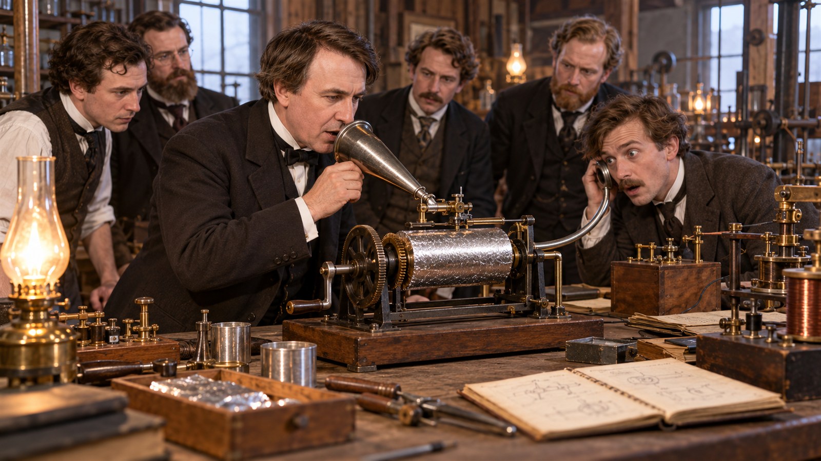 AI reconstruction of Edison and his assistants testing the early phonograph in 1877.