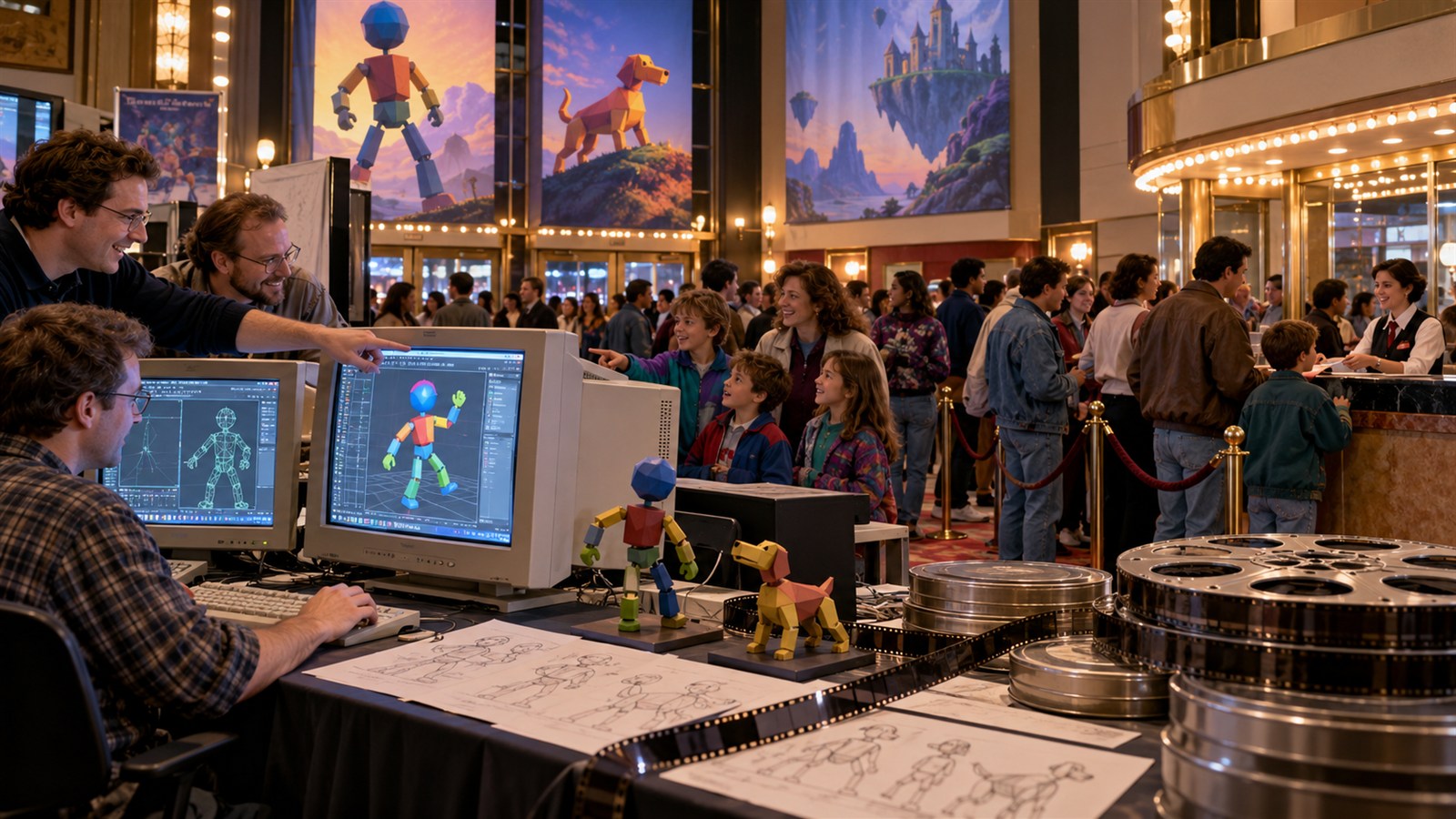 AI reconstruction of audiences and animators marking Toy Story's 1995 theatrical opening.