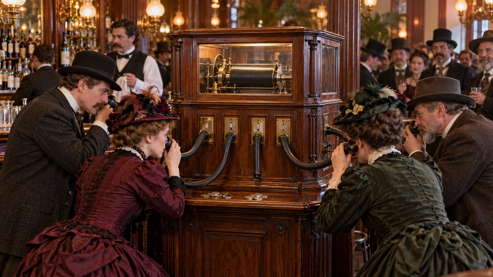 AI reconstruction of patrons using the first coin-operated phonograph in San Francisco in 1889.