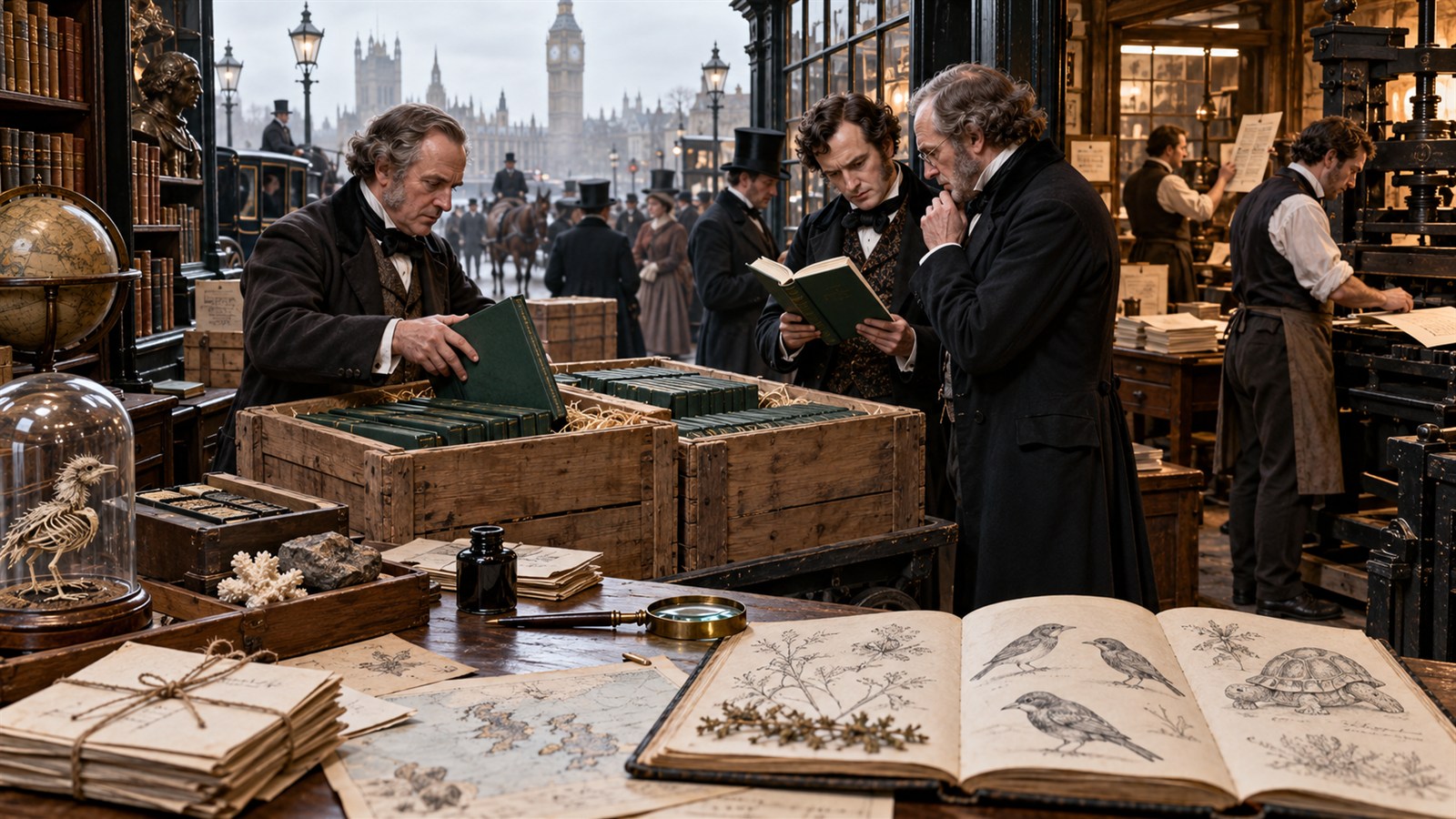 AI reconstruction of a London bookseller receiving Darwin's On the Origin of Species in 1859.