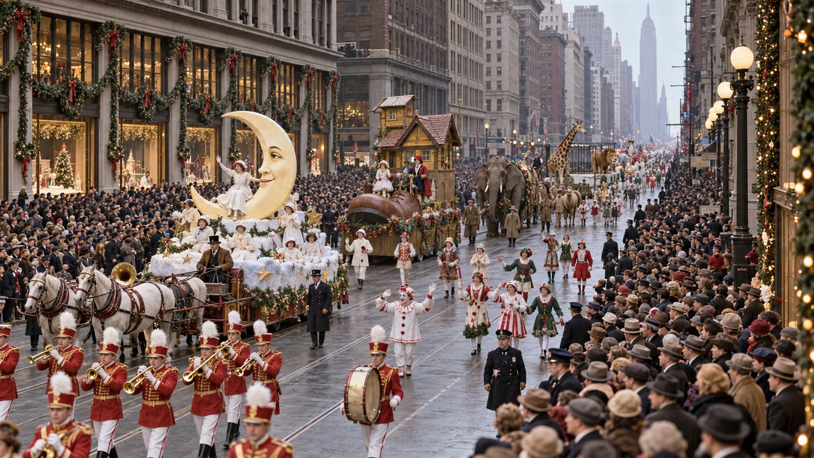 AI reconstruction of the first Macy's holiday parade moving through Manhattan in 1924.