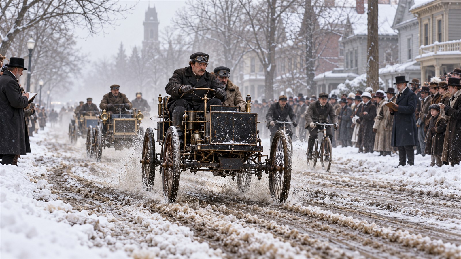 AI reconstruction of Frank Duryea competing in America's first automobile race in 1895.
