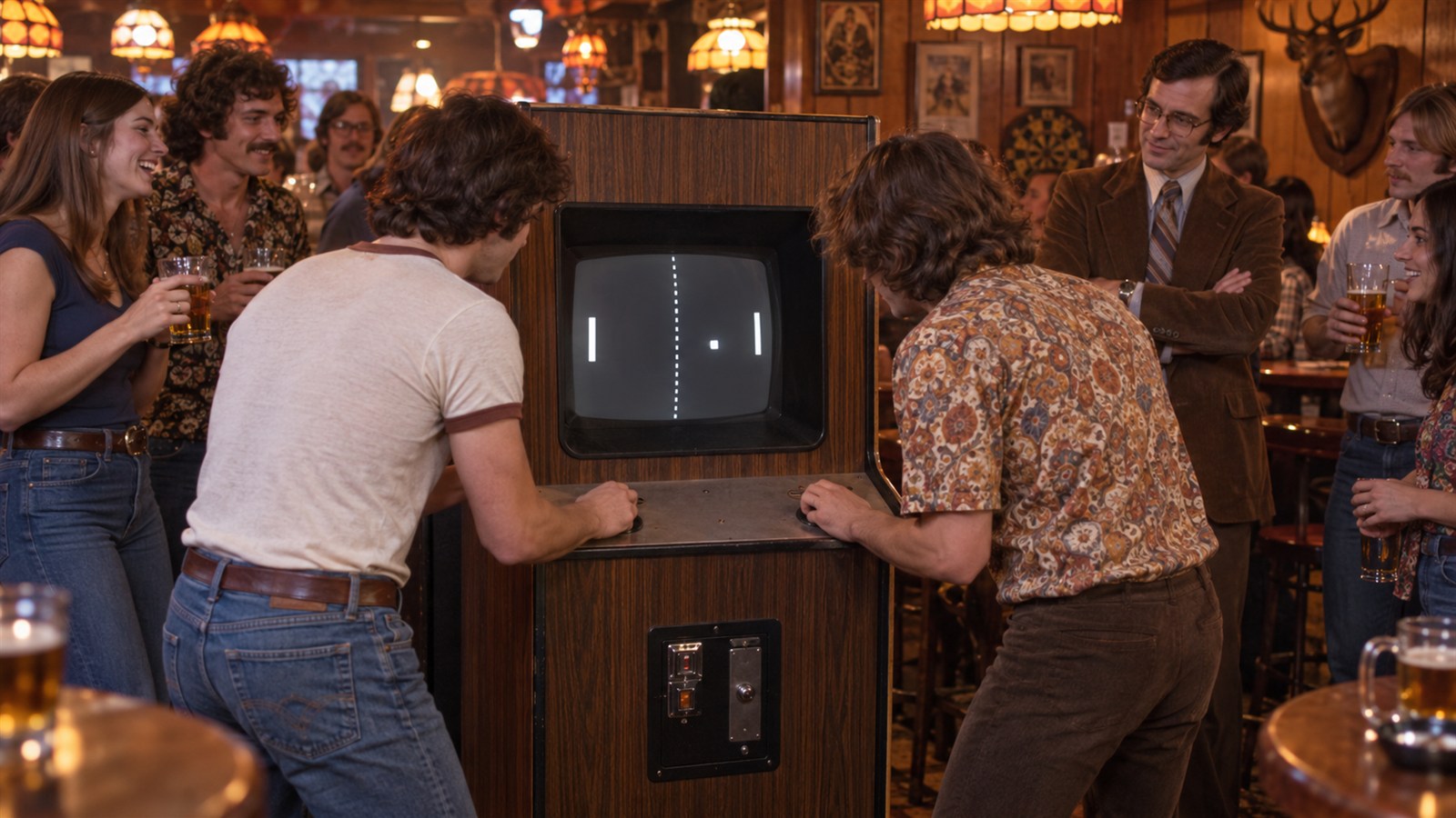 AI reconstruction of tavern customers playing Atari Pong in 1972.