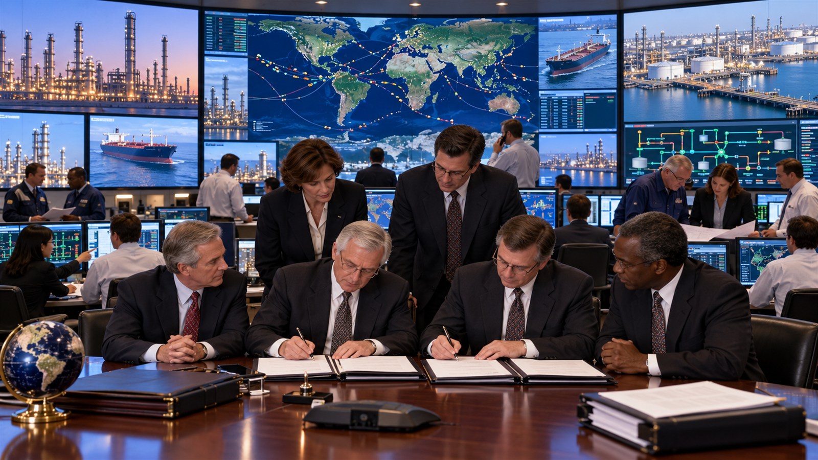 AI reconstruction of Exxon and Mobil teams completing their 1999 merger.